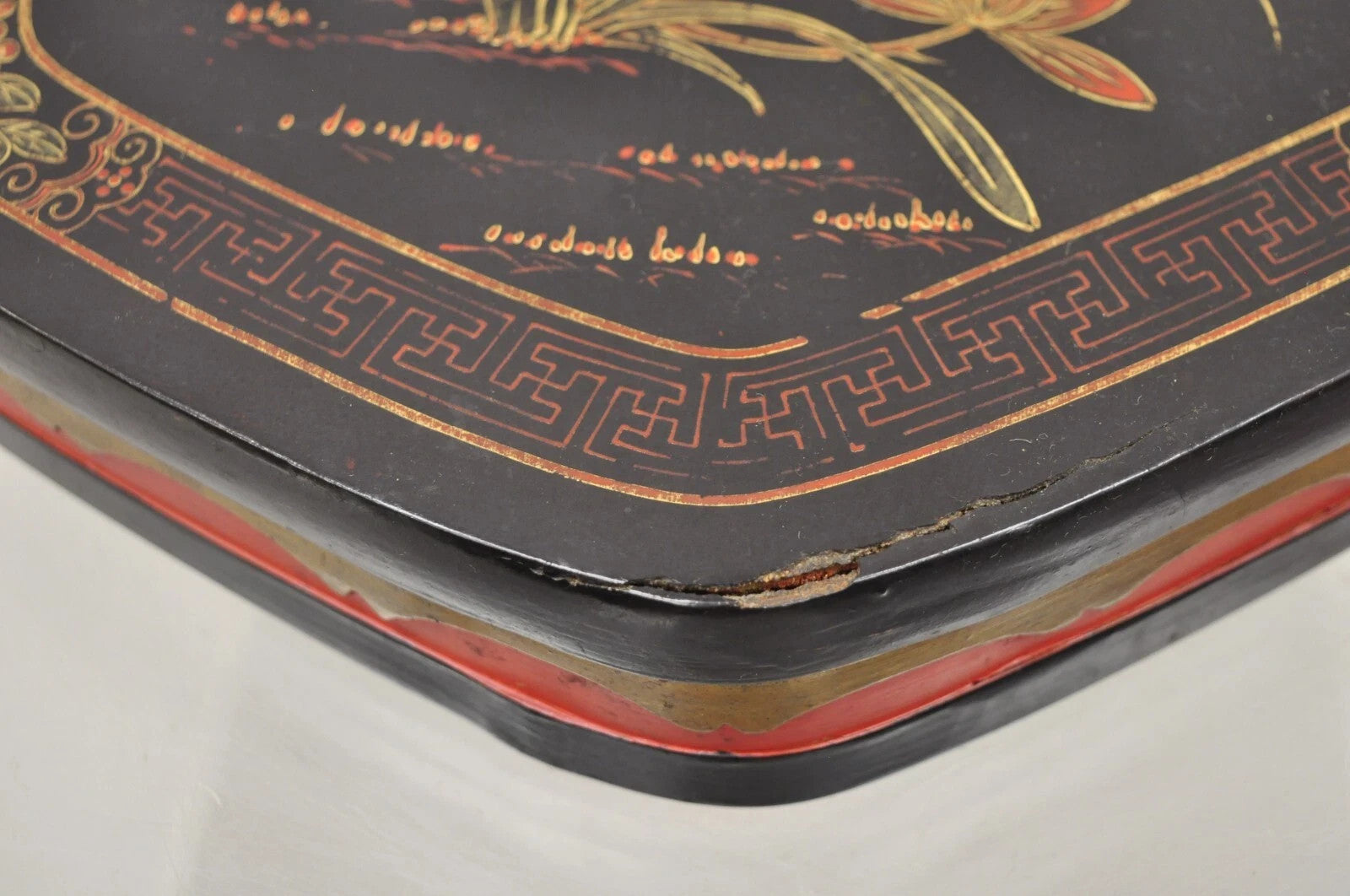 Vintage Chinese Black & Red Lacquer Floral Painted Lidded Wooden Tea Caddy Box