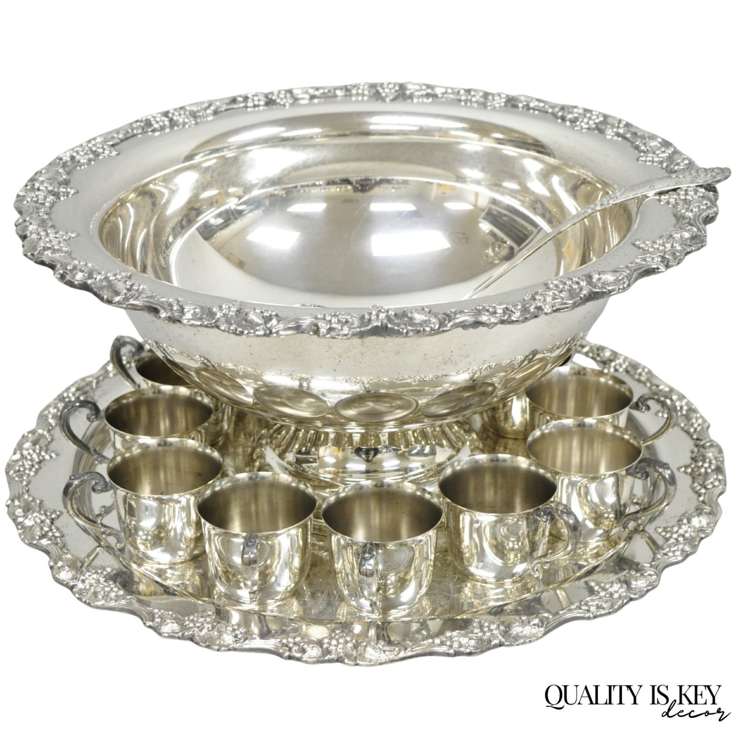 Vintage Sheridan Victorian Silver Plated Punch Bowl Set w/ 12 Cups and Tray