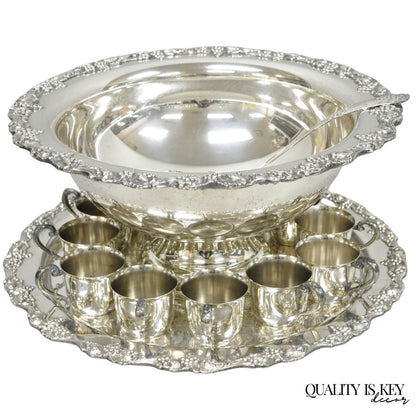 Vintage Sheridan Victorian Silver Plated Punch Bowl Set w/ 12 Cups and Tray