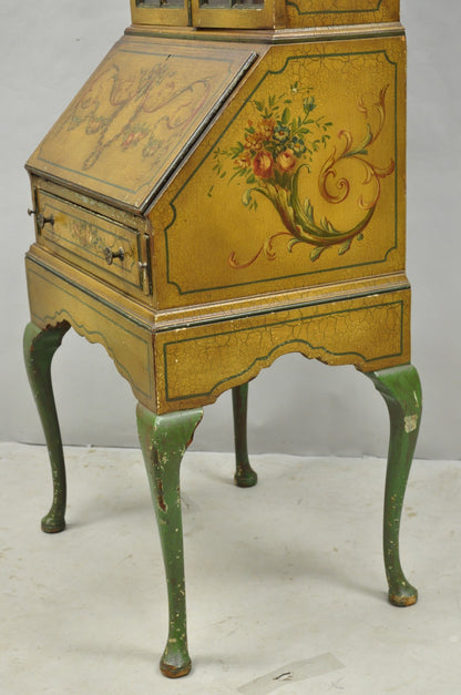 Antique English Adams Style Distress Hand Painted Narrow Secretary Writing Desk