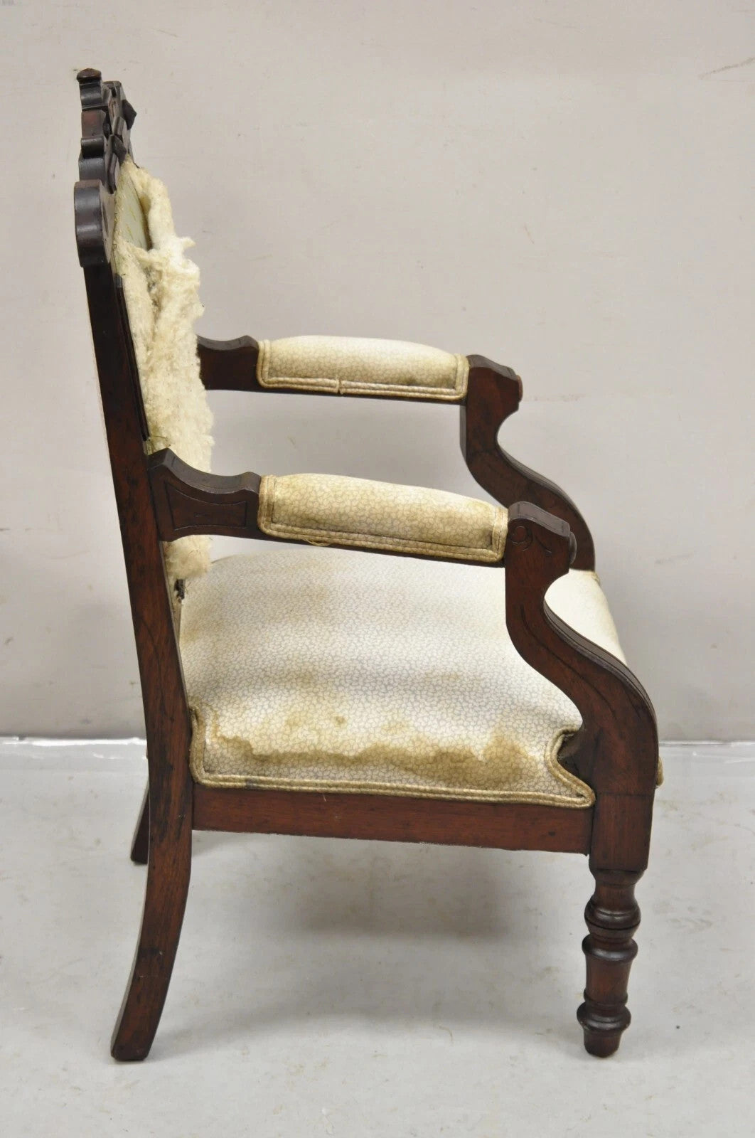 Antique Small Child's Eastlake Victorian Carved Walnut Distress Parlor Arm Chair