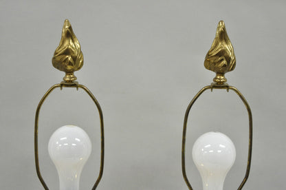Vintage Hollywood Regency Brass Empire Green Column Gold Table Lamps - a Pair