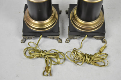Vintage French Empire Style Black Column Brass Ormolu Bouillotte Table Lamp Pair