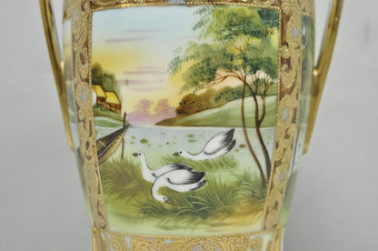 Antique Nippon Hand Painted Porcelain Twin Handled Vase w/ Swan & Lake Scene