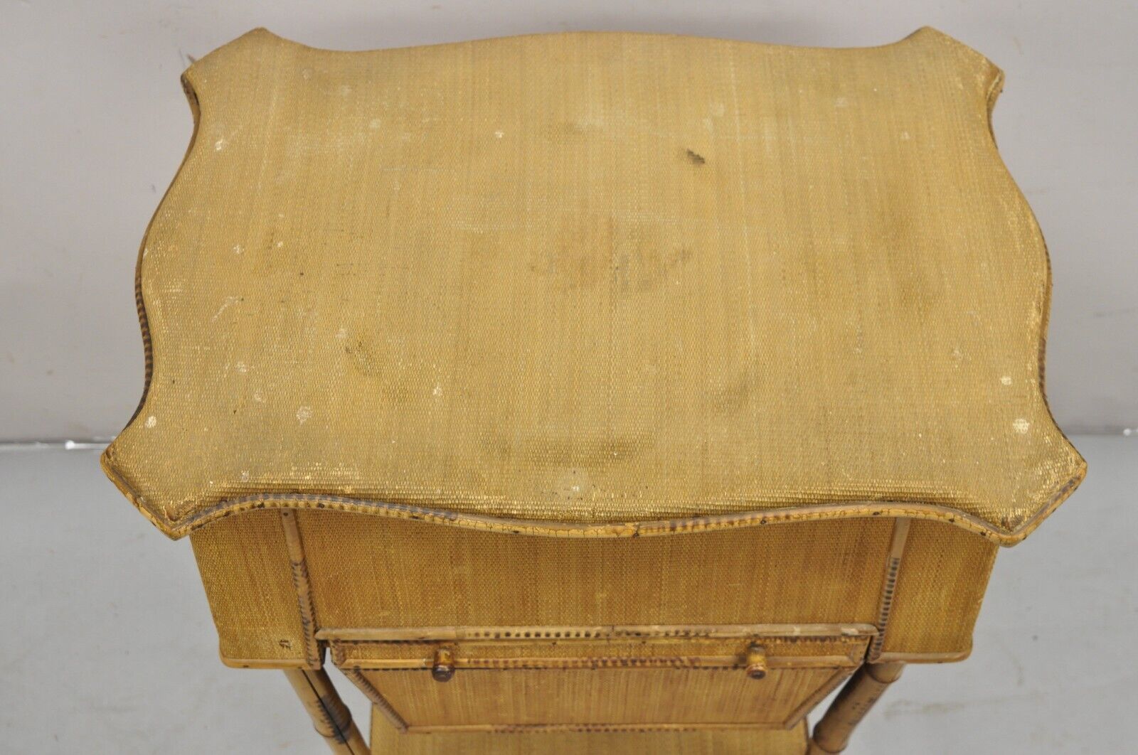 Antique English Victorian Bamboo Rattan Sewing Box Work Stand Side Table