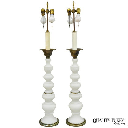Vintage MCM Tommi Parzinger Style Tall White Frosted Glass Table Lamps - a Pair