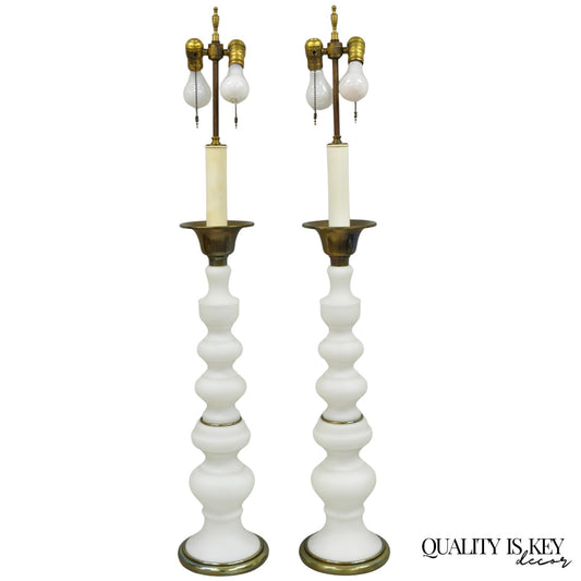 Vintage MCM Tommi Parzinger Style Tall White Frosted Glass Table Lamps - a Pair