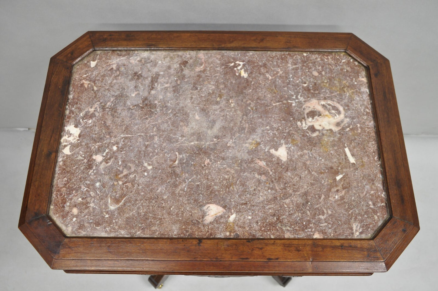Antique Aesthetic Movement Victorian Carved Walnut Marble Top Parlor Side Table