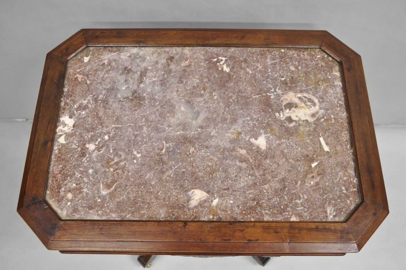 Antique Aesthetic Movement Victorian Carved Walnut Marble Top Parlor Side Table