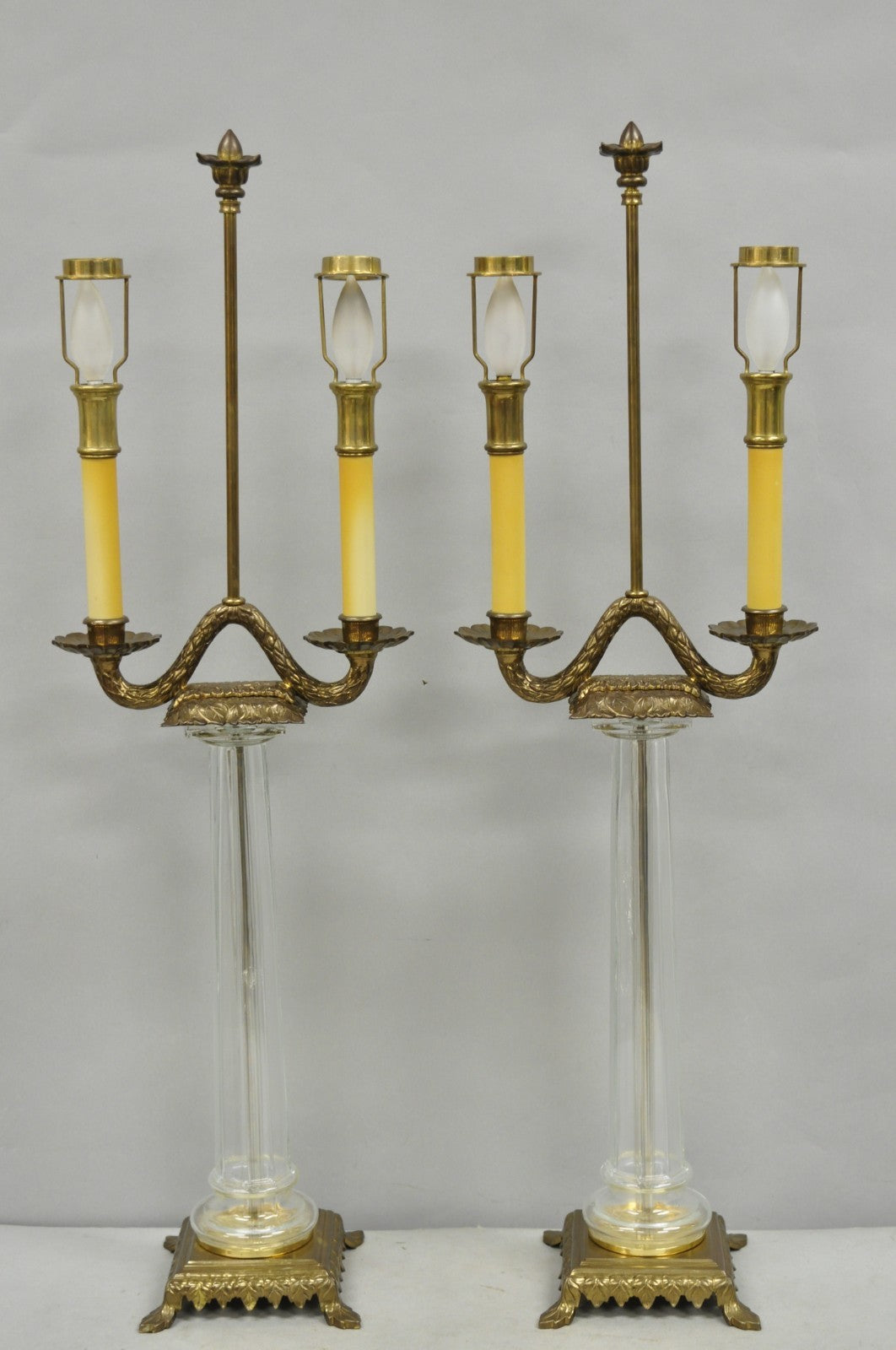 Vintage Chapman French Empire Glass Column Brass Candelabra Table Lamps - a Pair