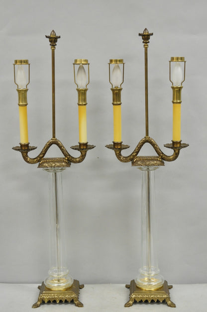 Vintage Chapman French Empire Glass Column Brass Candelabra Table Lamps - a Pair