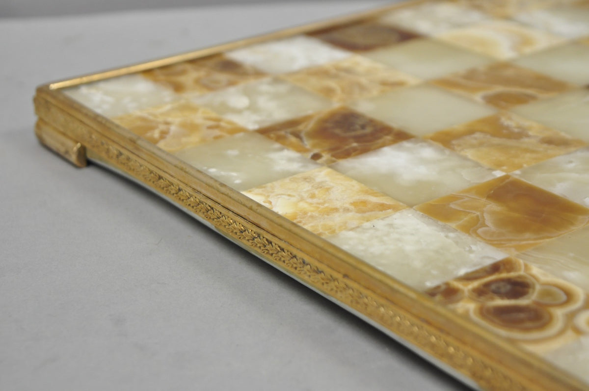 Vintage Mid Century Modern Mosaic Brown Onyx Stone Chess Game Checkerboard