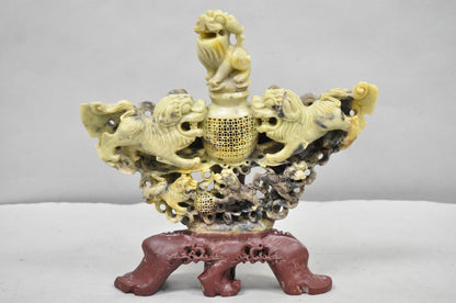 Vintage Chinese Carved Soapstone Foo Dog Figural Incense Burner Sculpture