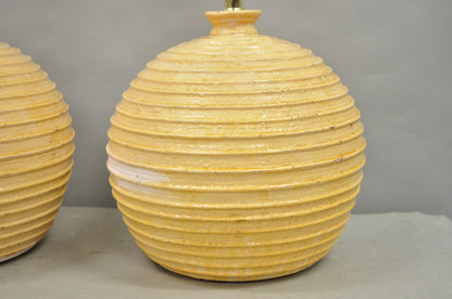 Vintage Mid Century Modern Lacquered Fiberglass Round Beehive Table Lamps - Pair