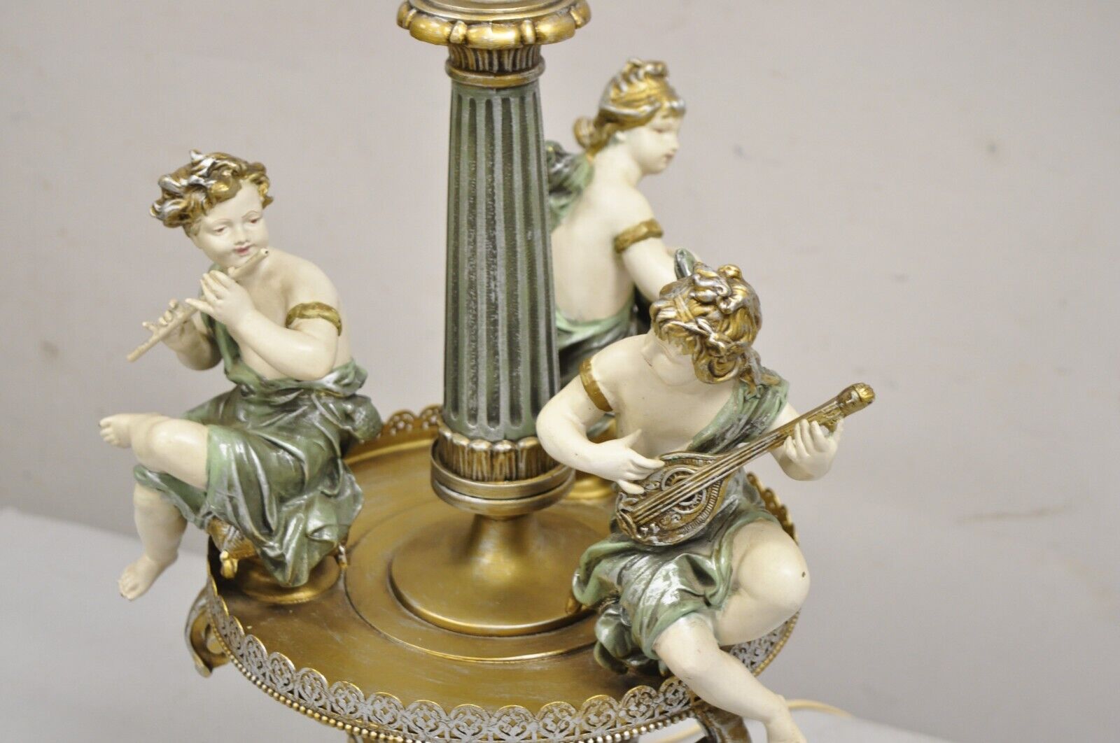 Vintage French Victorian Renaissance Figural Cherub Musician Metal Table Lamp