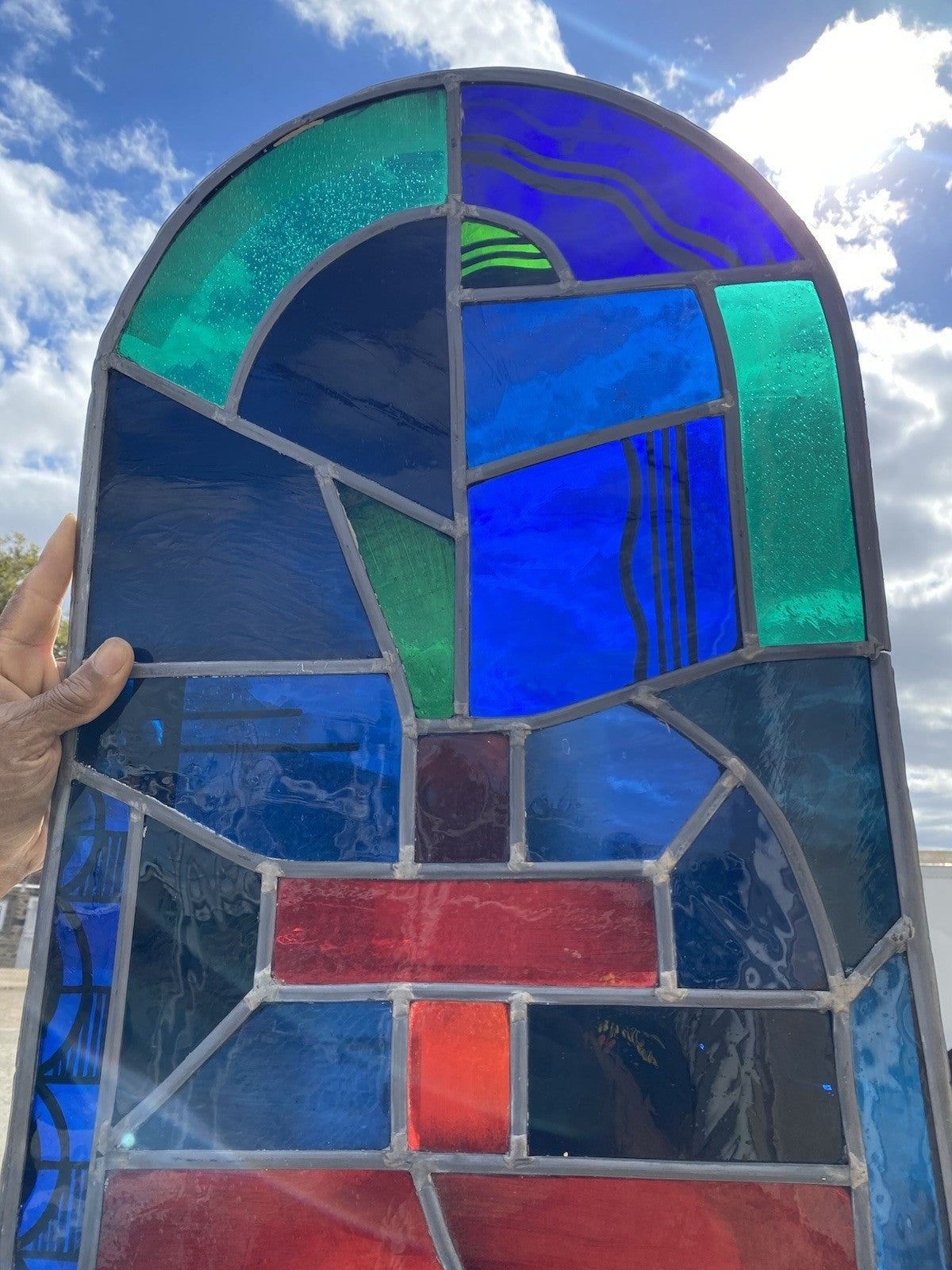 Vintage Art Deco Blue & Red Leaded Stained Glass Arched Window w/ Cross - 5 Pcs