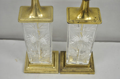 Vintage Dresden Victorian Cut Crystal Glass Flower Brass Table Lamps - a Pair