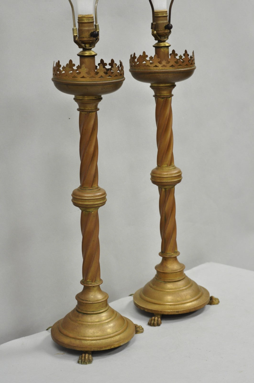 Antique English Renaissance Gothic Patinated Brass Candlestick Table Lamps Pair