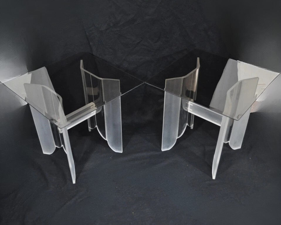 Vintage Mid Century Modern Frosted Lucite & Glass Butterfly End Tables - a Pair