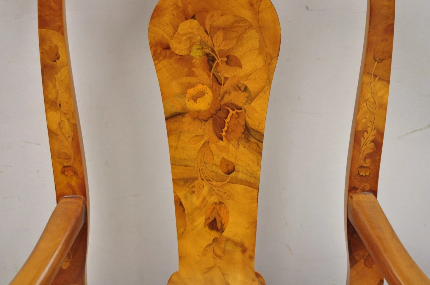 Vintage Queen Anne Style Italian Burl Wood Marquetry Inlay Arm Chairs - a Pair