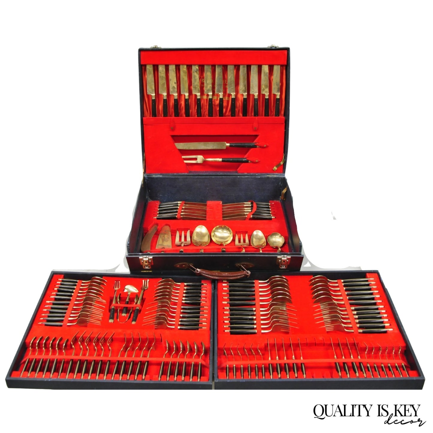 Vintage Bangkok Jewels Bronze Brass & Celluloid Flatware Set in Case - 130 Pcs