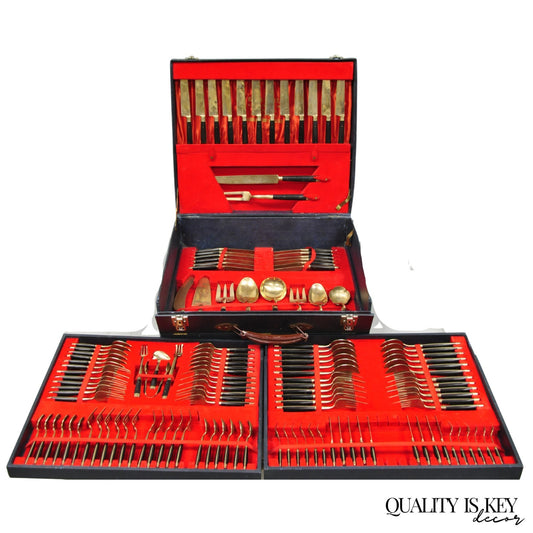 Vintage Bangkok Jewels Bronze Brass & Celluloid Flatware Set in Case - 130 Pcs