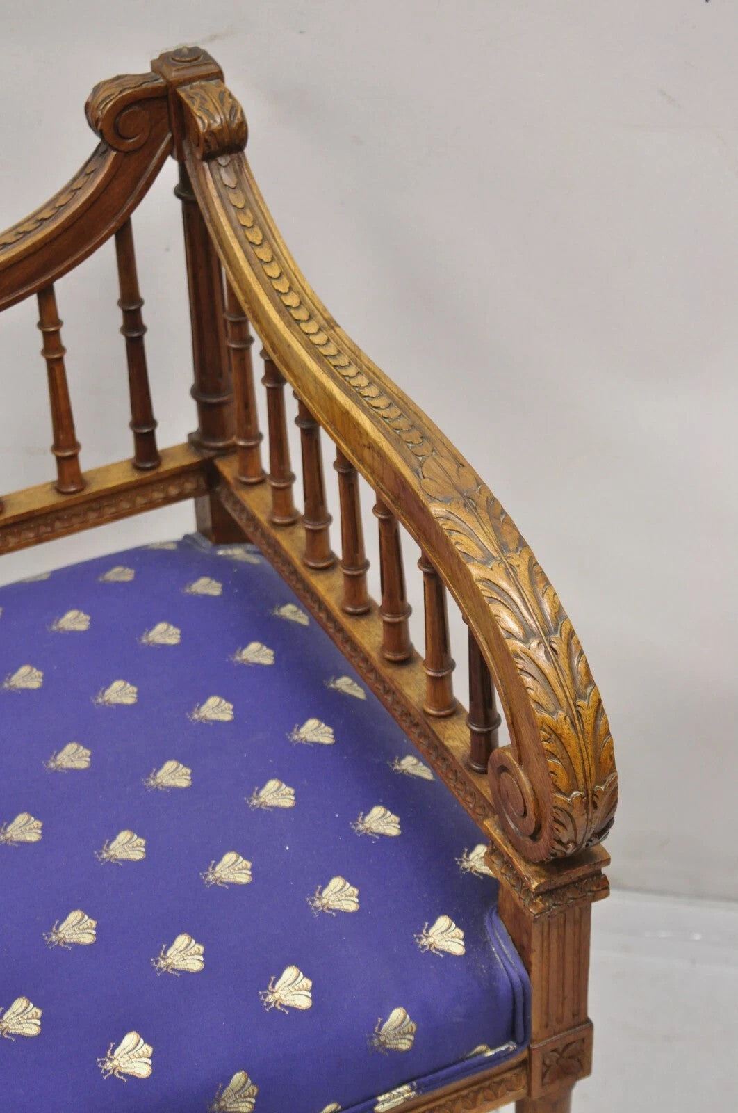 Antique French Louis XVI Style Carved Walnut Lyre Harp Corner Lounge Chair Pair