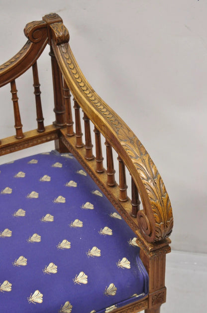 Antique French Louis XVI Style Carved Walnut Lyre Harp Corner Lounge Chair Pair