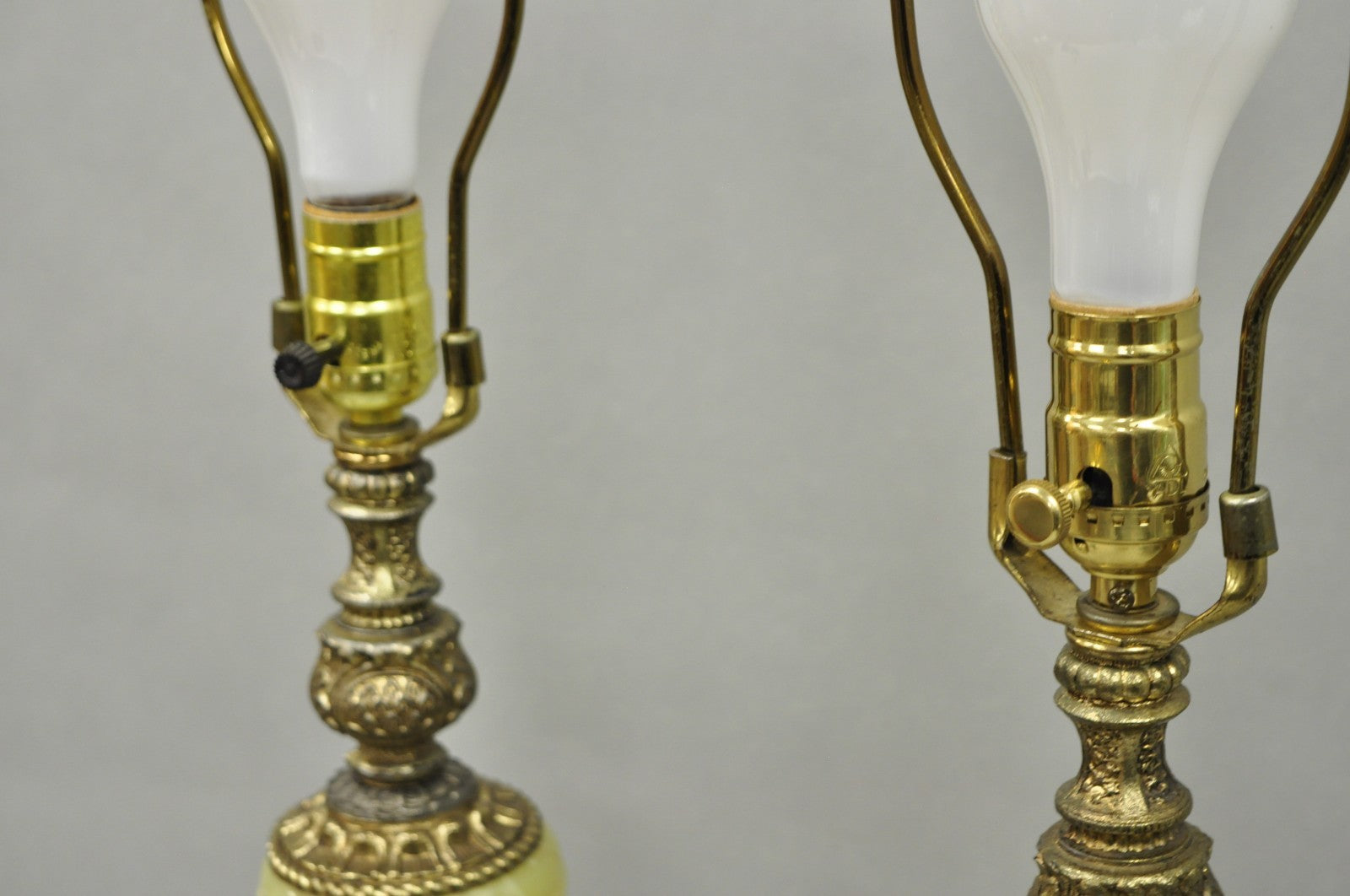 Vintage French Baroque Hollywood Regency Green Onyx Brass Table Lamps - a Pair