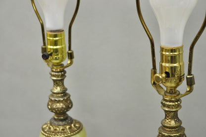 Vintage French Baroque Hollywood Regency Green Onyx Brass Table Lamps - a Pair