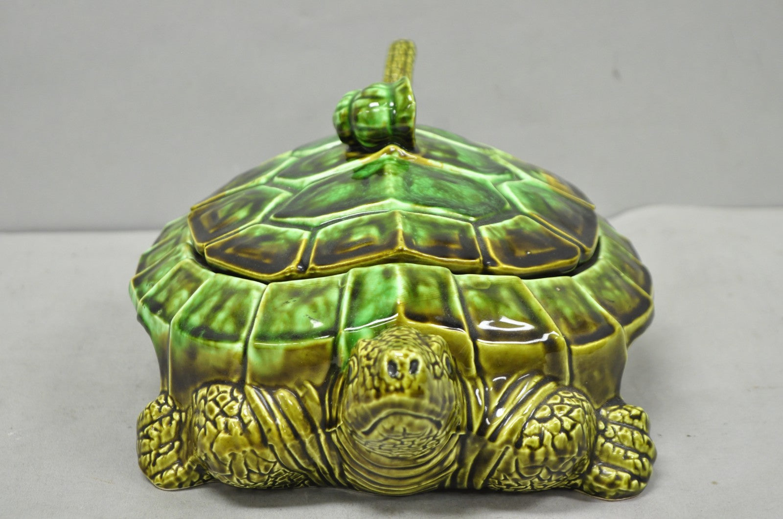 Vintage Tilso Japan Mid Century Modern Green Ceramic Figural Turtle Soup Tureen