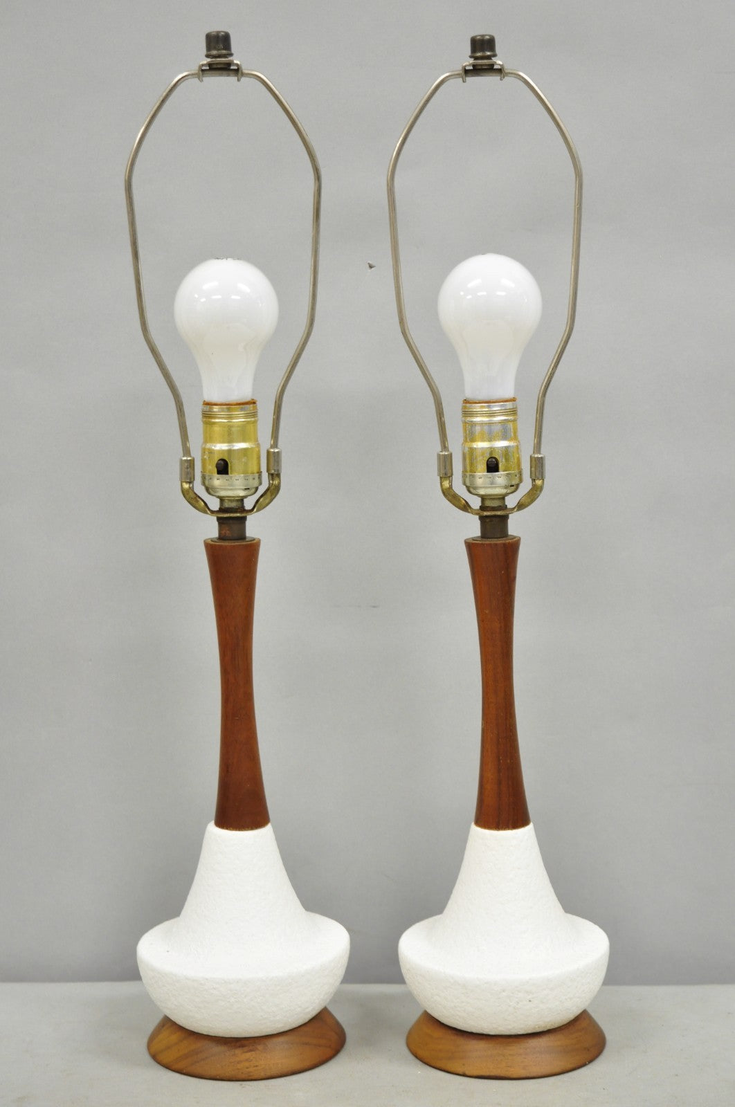Vintage Mid Century Modern Petite Ceramic Pottery & Walnut Table Lamps - a Pair