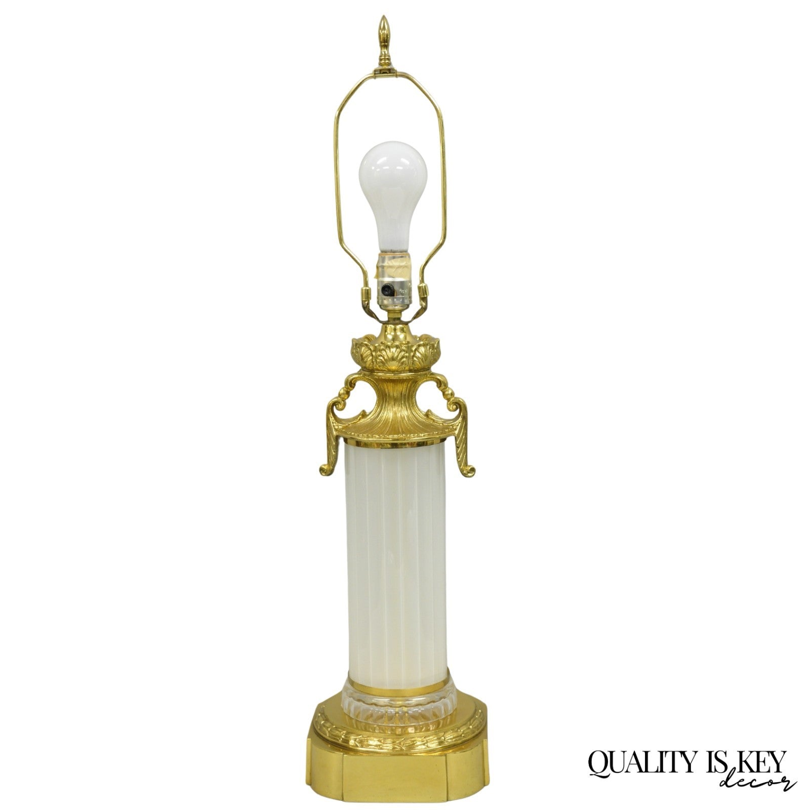 Vintage French Empire Style Ribbed Glass Column Gold Table Lamp Made in Poland