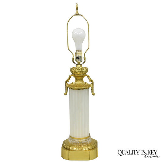Vintage French Empire Style Ribbed Glass Column Gold Table Lamp Made in Poland