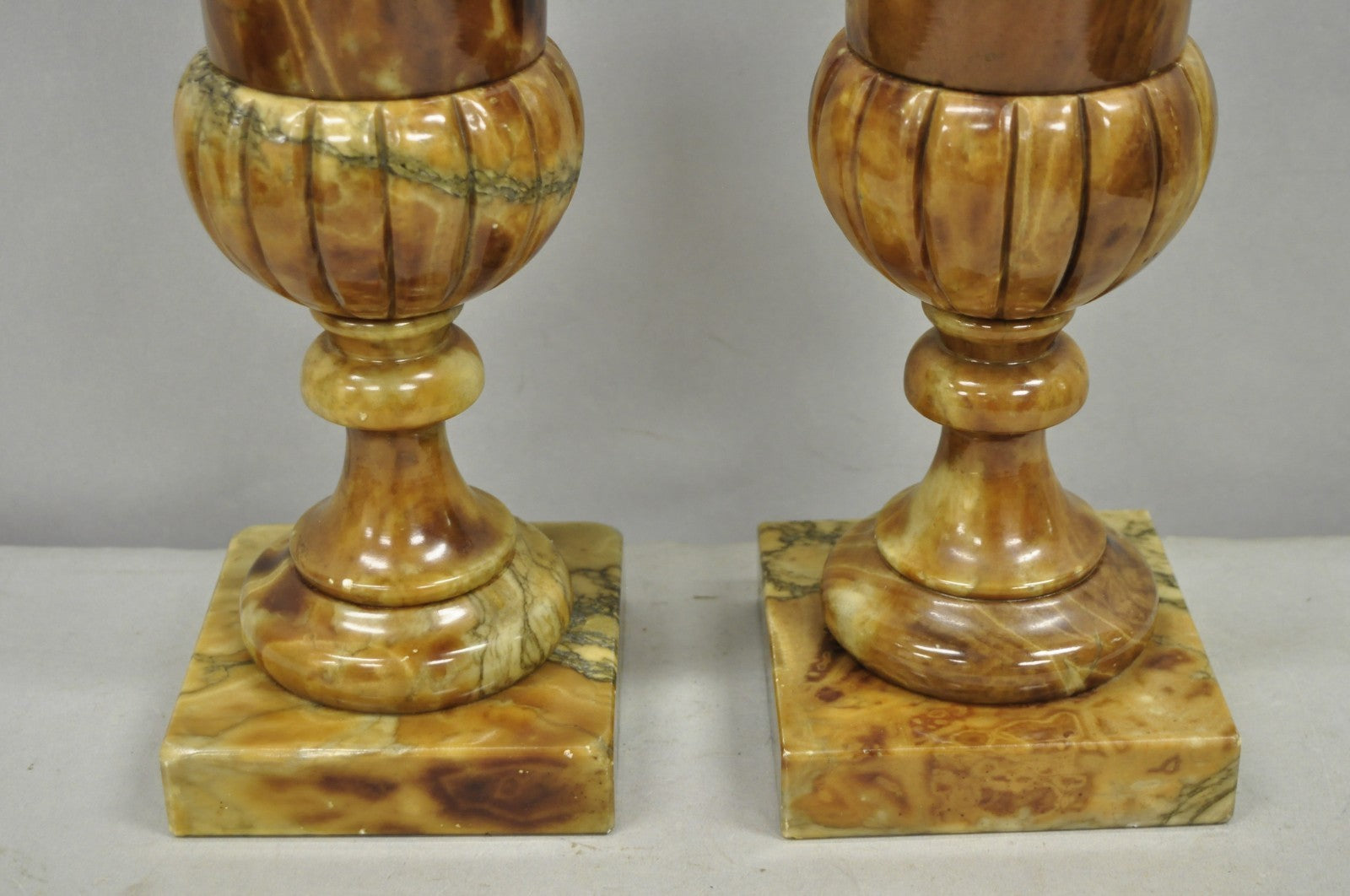 Vintage French Empire Style Polished Brown Marble Urn Form Table Lamps - a Pair