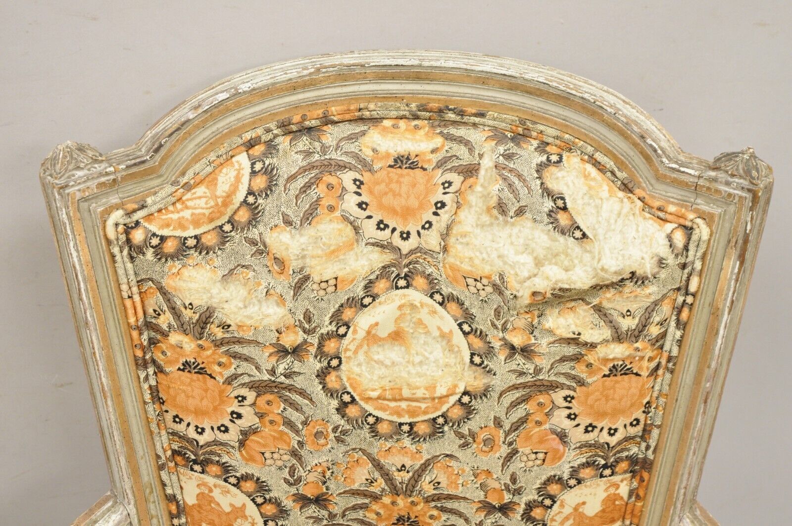 Antique French Louis XVI Style Distressed Cream Painted Fauteuil Arm Chairs Pair