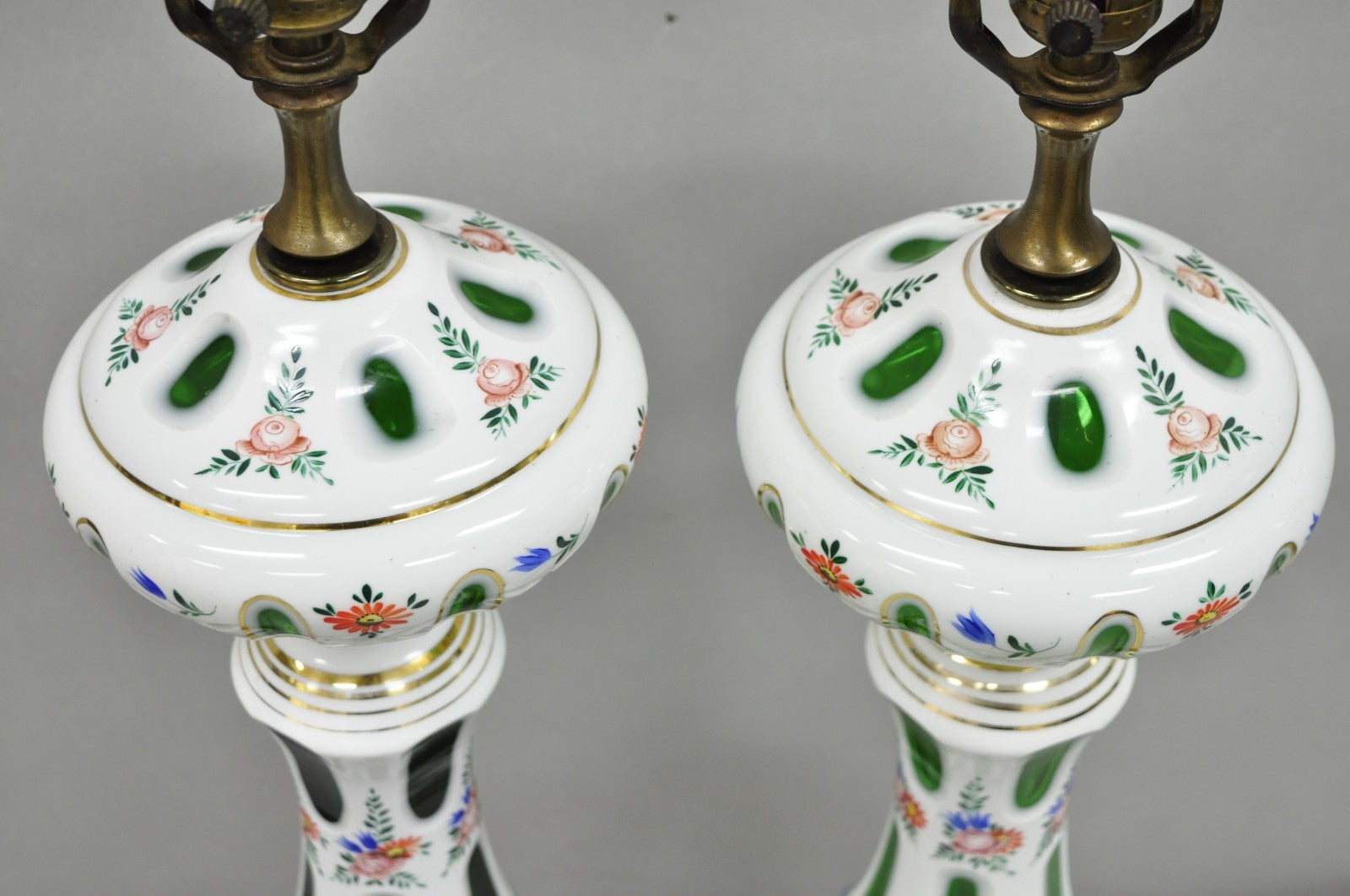 Antique Czech Bohemian Glass Emerald Green Flower Painted Table Lamps - a Pair