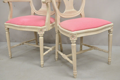 Vintage French Country Gustavian Cerused Pink Rose Dining Chairs - Set of 8