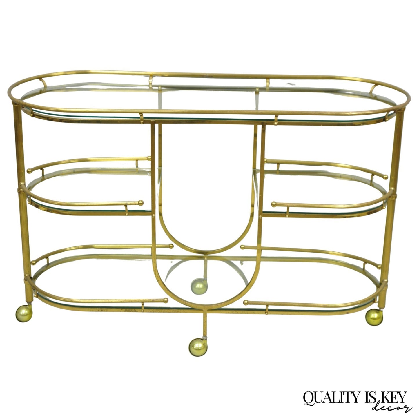 Vintage Mid Century Modern Brass 3 Tier Oval Frame Rolling Bar Cart Server Table