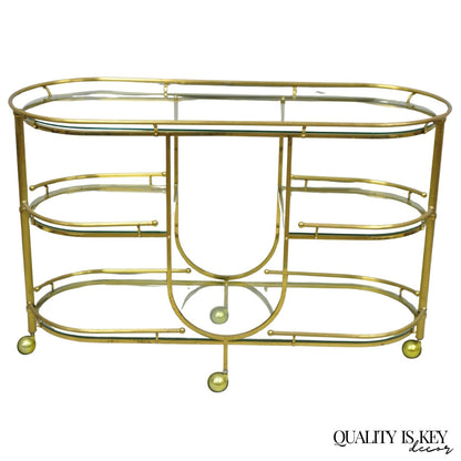Vintage Mid Century Modern Brass 3 Tier Oval Frame Rolling Bar Cart Server Table