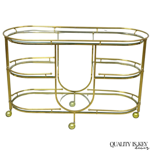 Vintage Mid Century Modern Brass 3 Tier Oval Frame Rolling Bar Cart Server Table