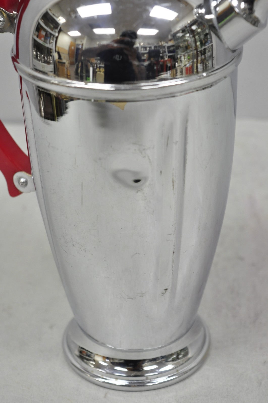 Vintage Art Deco Chrome Cocktail Martini Shaker Red Bakelite Handle by Chromium