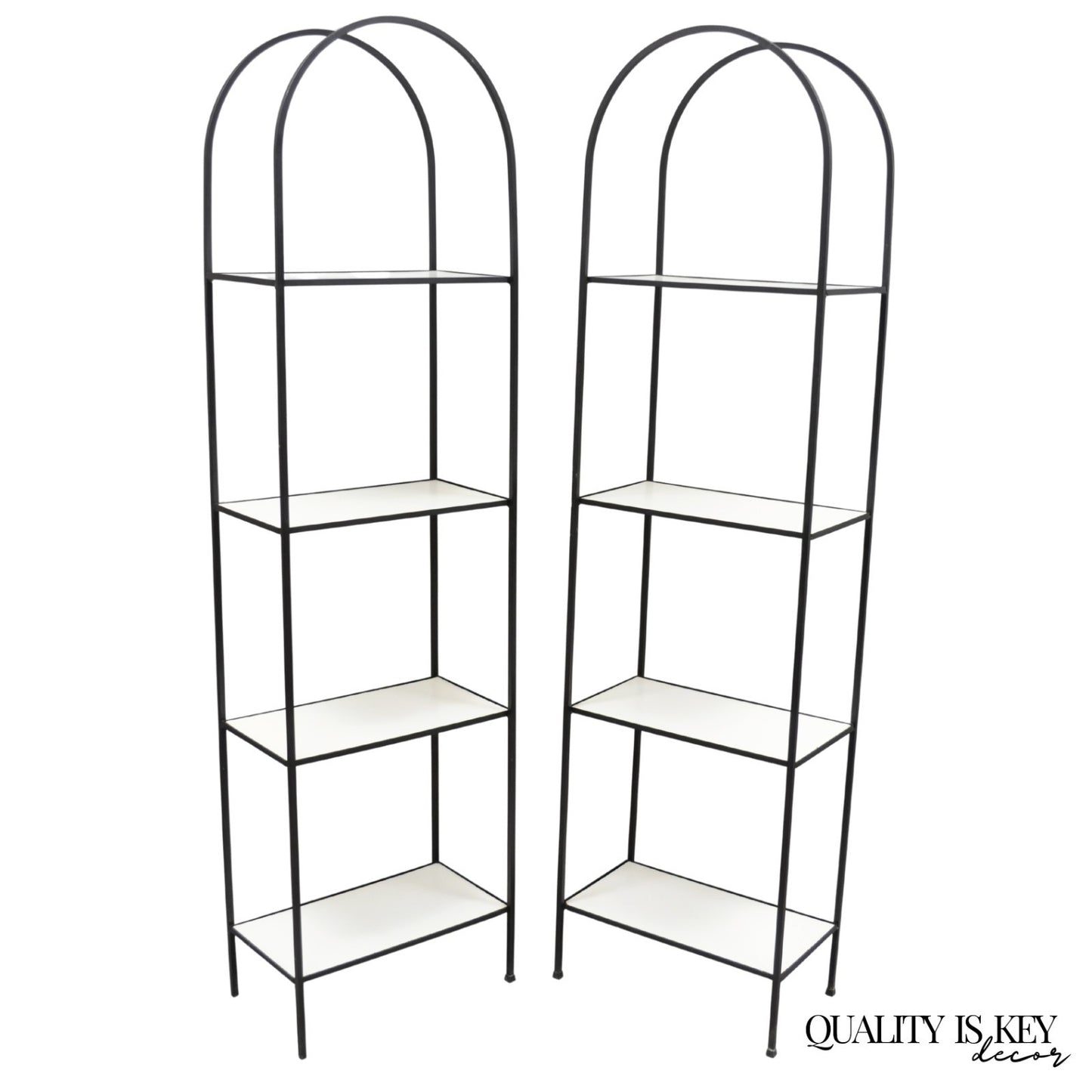 Vintage Mid Century Modern Narrow Arched Wrought Iron Etagere Bookcase - a Pair