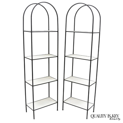 Vintage Mid Century Modern Narrow Arched Wrought Iron Etagere Bookcase - a Pair