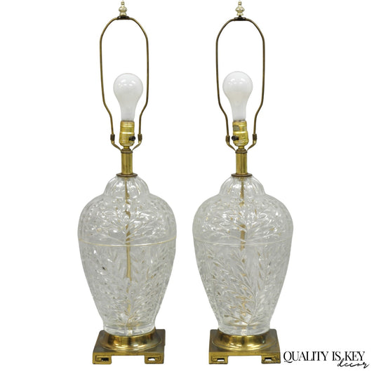 Vintage Chinoiserie Heavy Leaded Glass Wheat Sheaf Ginger Jar Table Lamps, Pair