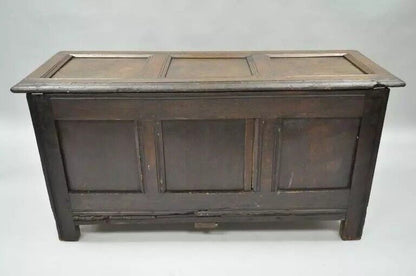 19th C. European Renaissance 3 Panel Solid Oak Wood Coffer Blanket Chest Trunk
