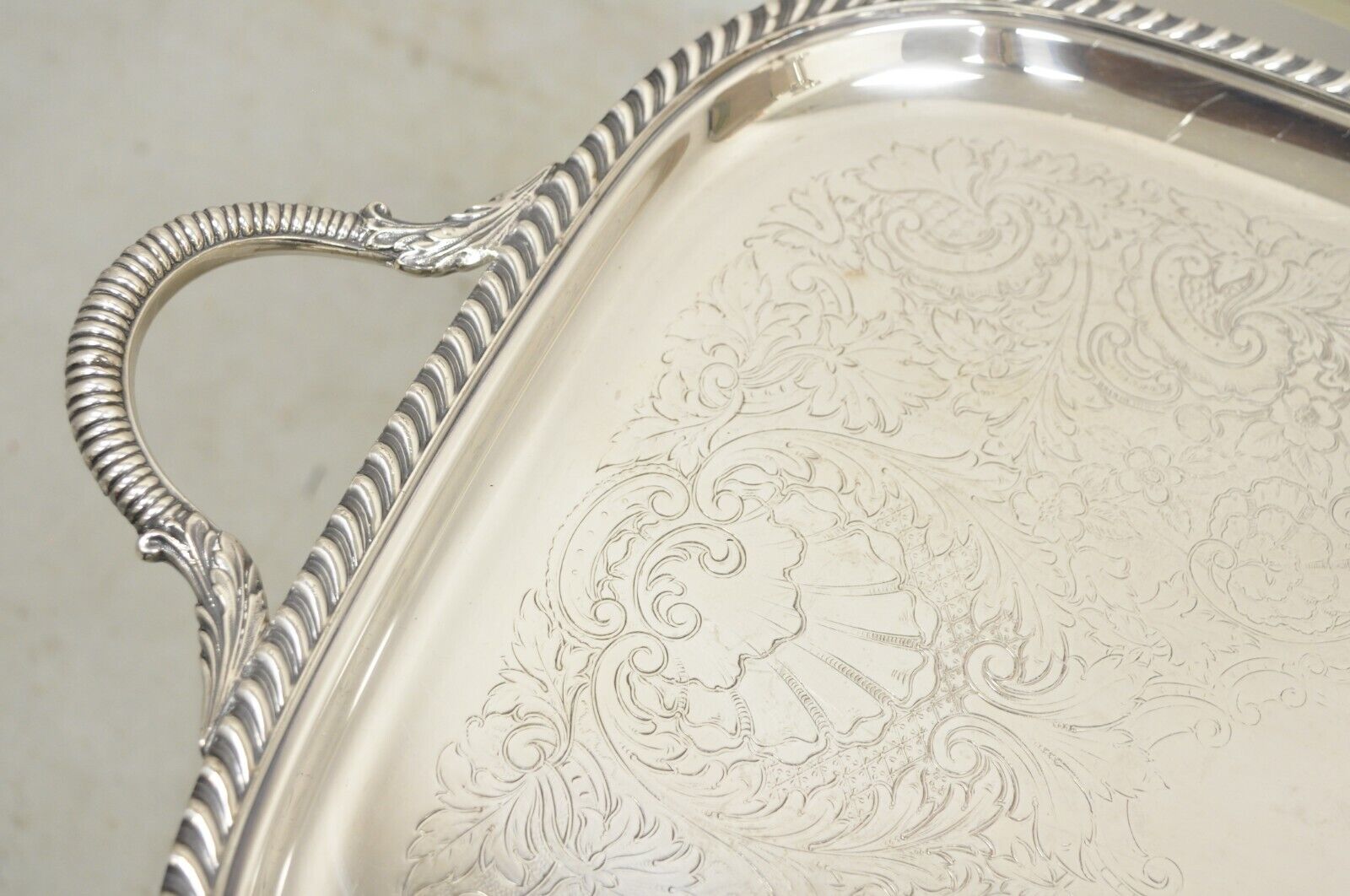 Vintage Victorian EPC Silver Plated Etched Twin Handle Serving Platter Tray