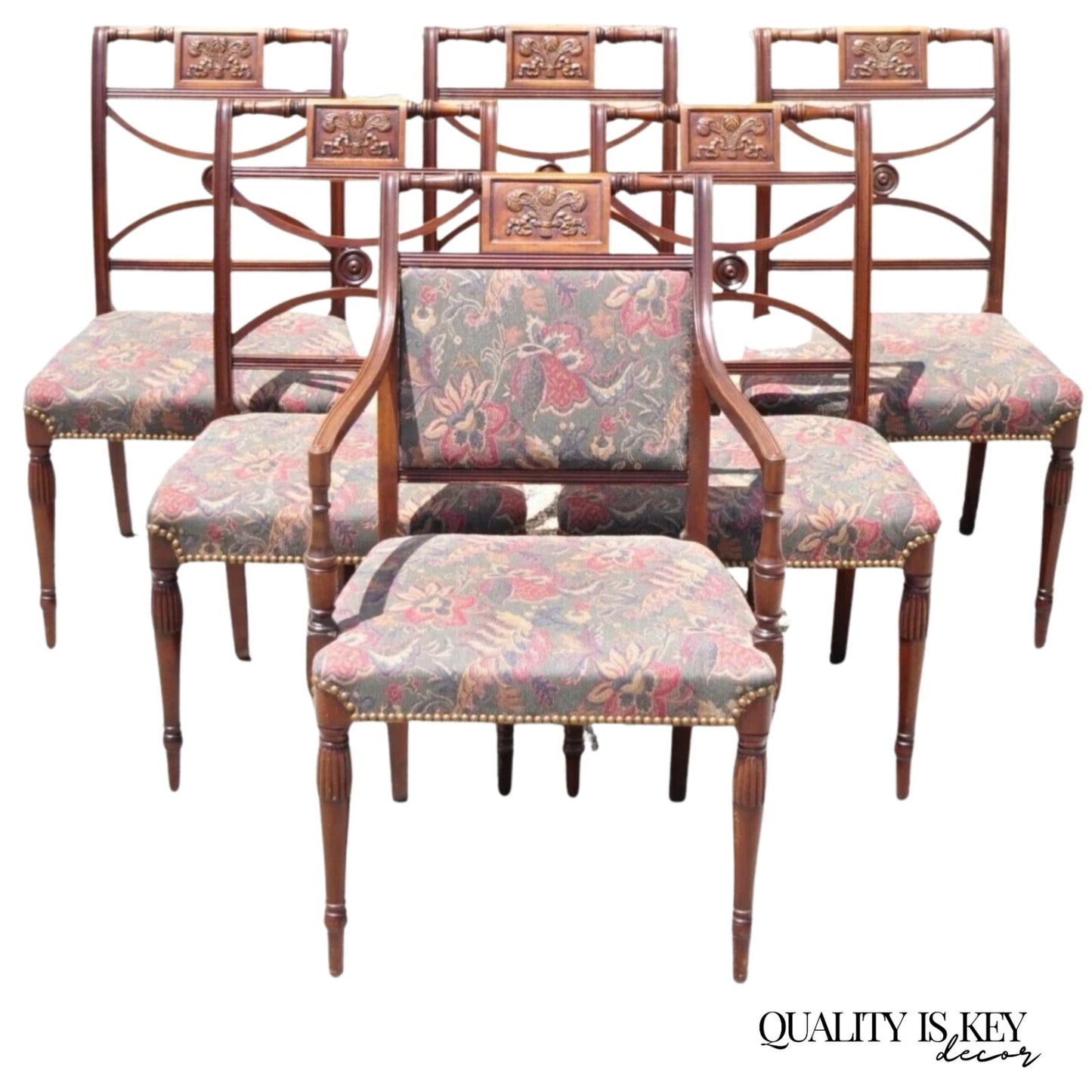 Vintage English Sheraton Style Mahogany Prince of Wales Dining Chairs - Set of 6