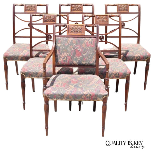 Vintage English Sheraton Style Mahogany Prince of Wales Dining Chairs - Set of 6