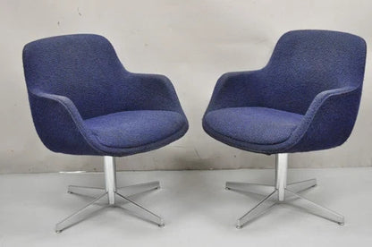 Vintage Mid Century Modern Blue Upholstered Chrome Swivel Base Club Chair - Pair